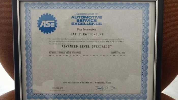 ASE Certification: Jay P. Rattenbury, Advanced Level Specialist, Automobile Advanced Engine Performance